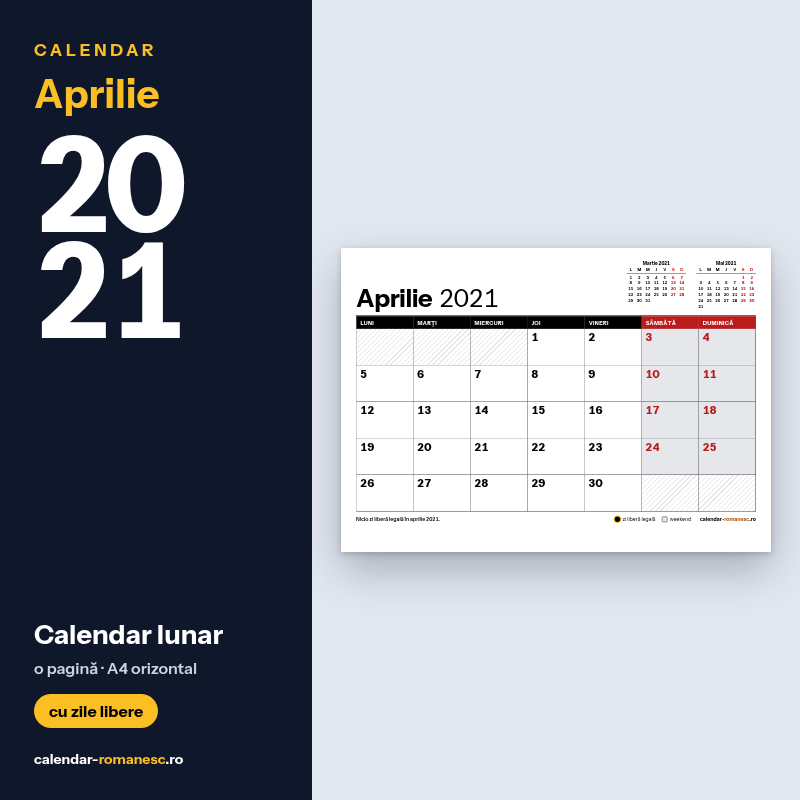 Calendar Aprilie 2021 de imprimat