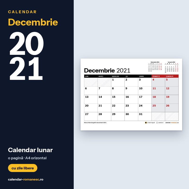 Calendar Decembrie 2021 de imprimat