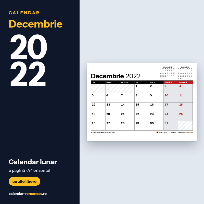 Calendar Decembrie 2022 de imprimat