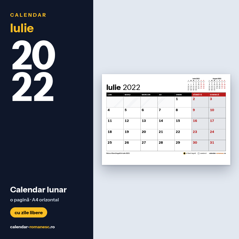 Calendar Iulie 2022 de imprimat