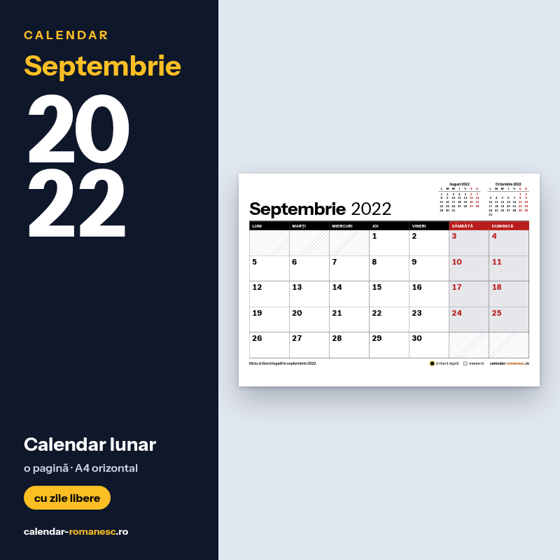 Calendar Septembrie 2022 de imprimat