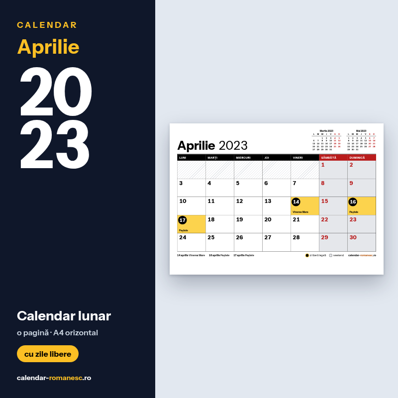 Calendar Aprilie 2023 de imprimat