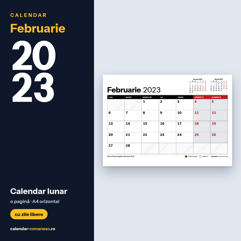 Calendar Februarie 2023 de imprimat