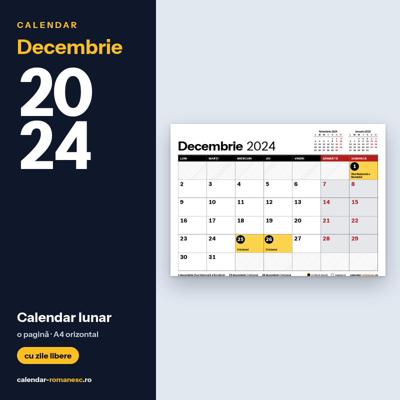 Calendar Decembrie 2024 de imprimat