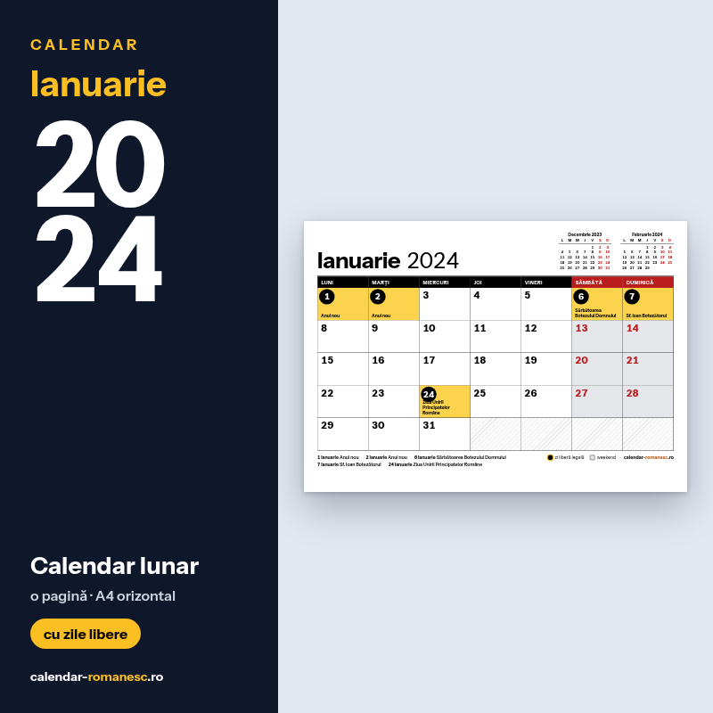 Calendar Ianuarie 2024 de imprimat