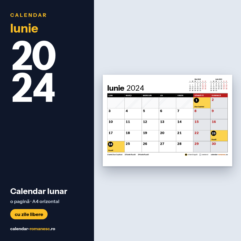 Calendar Iunie 2024 de imprimat