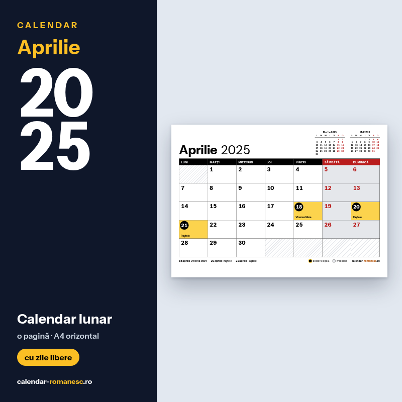 Calendar Aprilie 2025 de imprimat