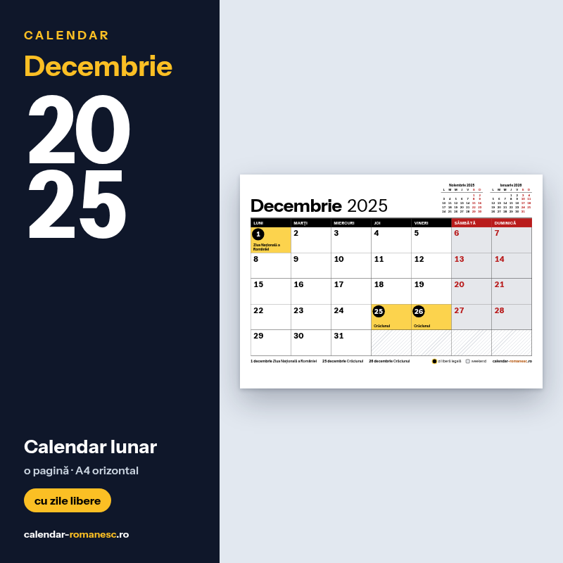 Calendar Decembrie 2025 de imprimat