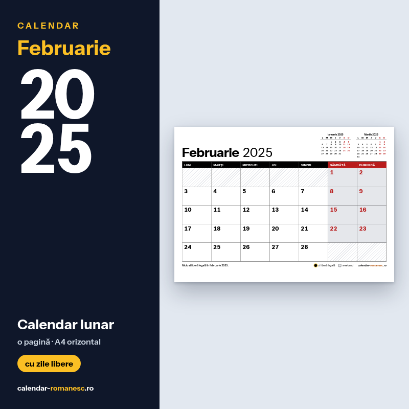 Calendar Februarie 2025 de imprimat
