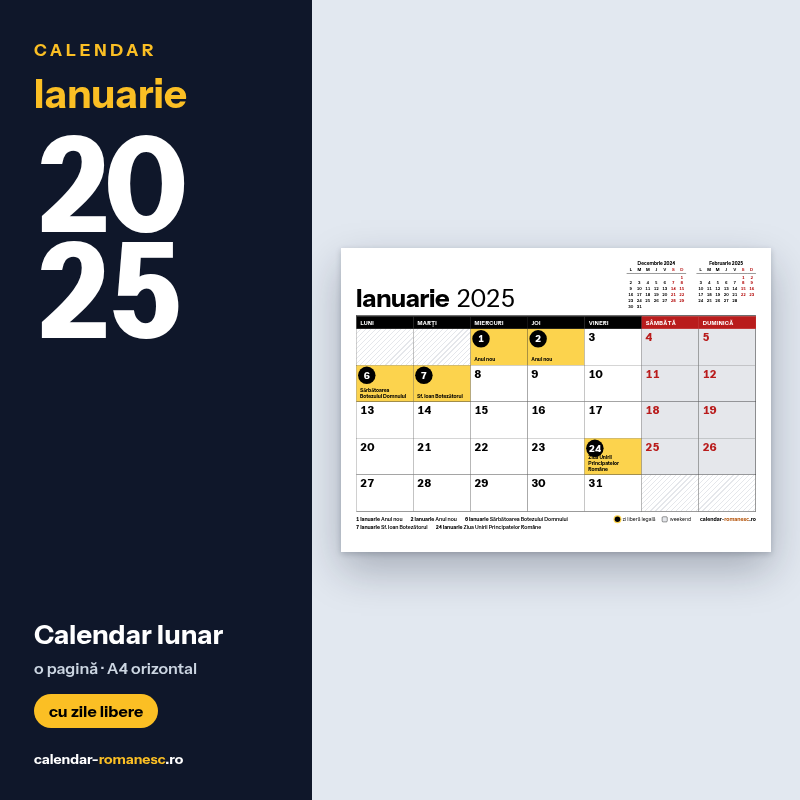 Calendar Ianuarie 2025 de imprimat