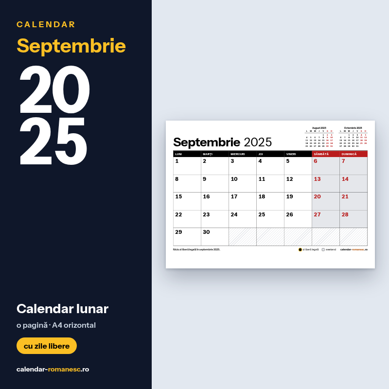 Calendar Septembrie 2025 de imprimat