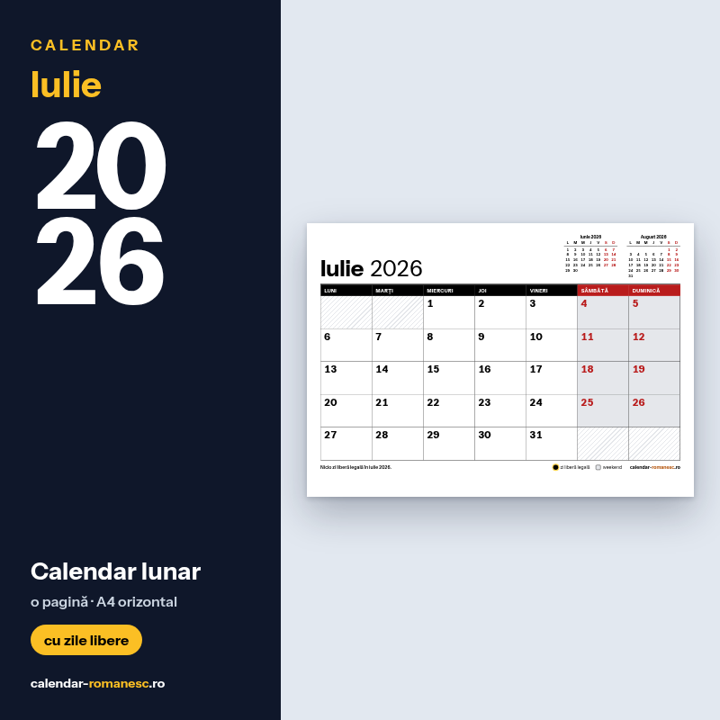 Calendar Iulie 2026 de imprimat