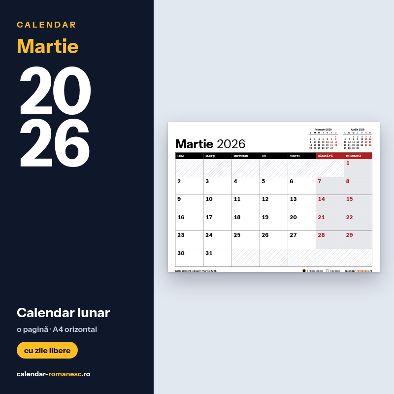 Calendar Martie 2026 de imprimat