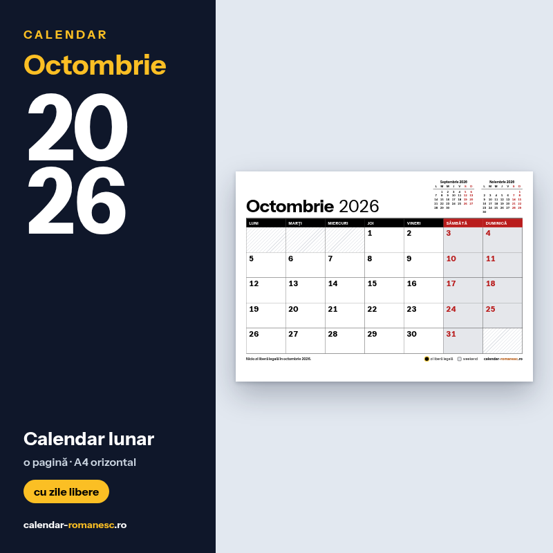 Calendar Octombrie 2026 de imprimat