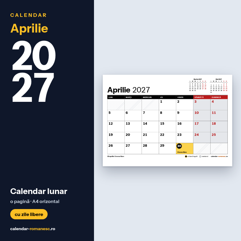 Calendar Aprilie 2027 de imprimat