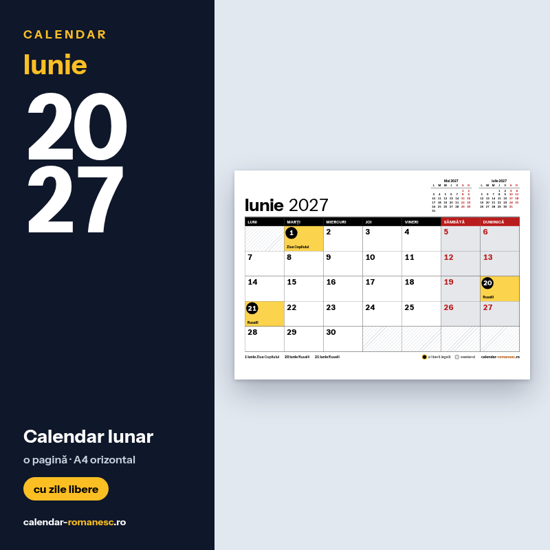 Calendar Iunie 2027 de imprimat