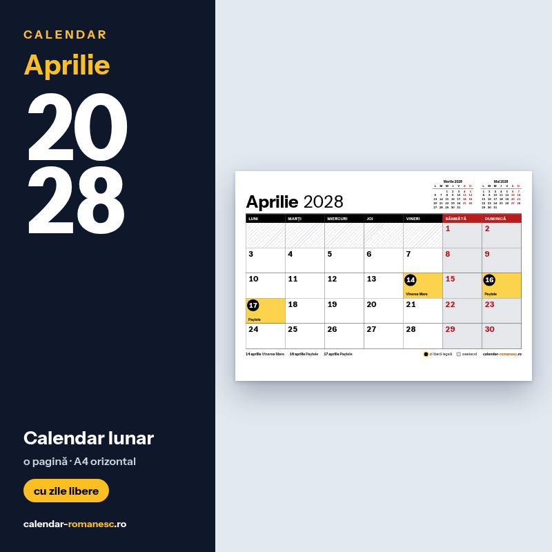 Calendar Aprilie 2028 de imprimat