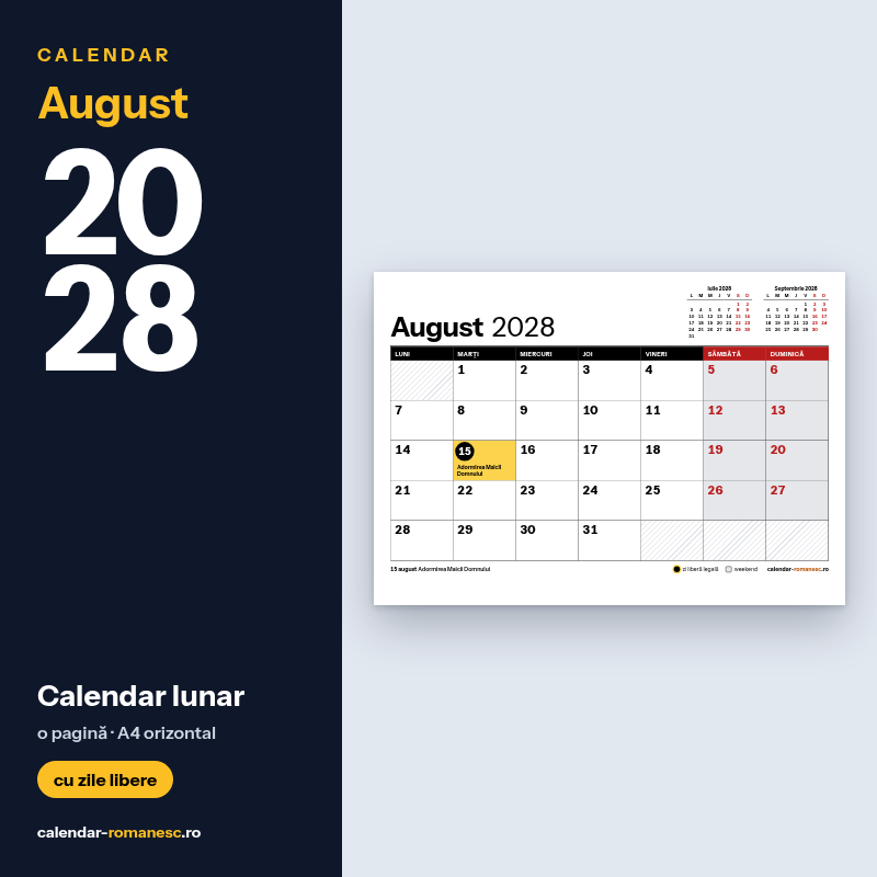 Calendar August 2028 de imprimat