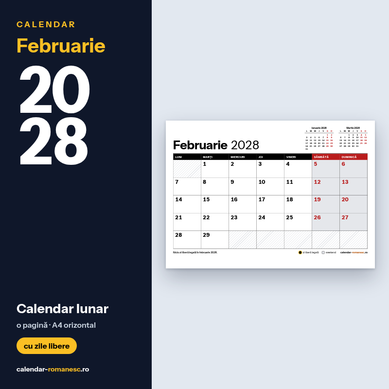 Calendar Februarie 2028 de imprimat