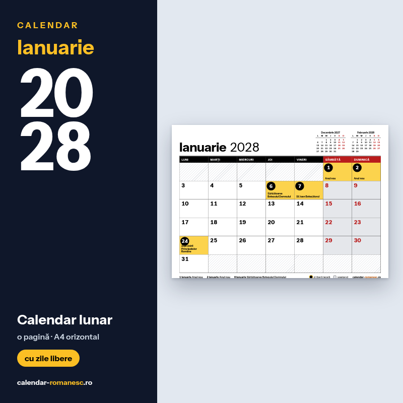 Calendar Ianuarie 2028 de imprimat
