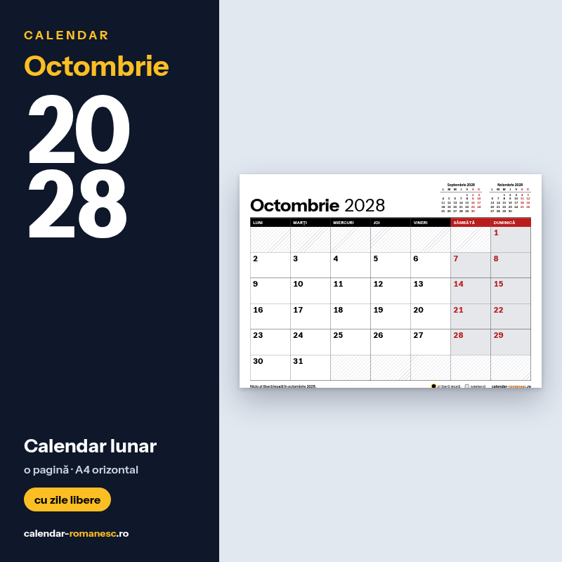 Calendar Octombrie 2028 de imprimat