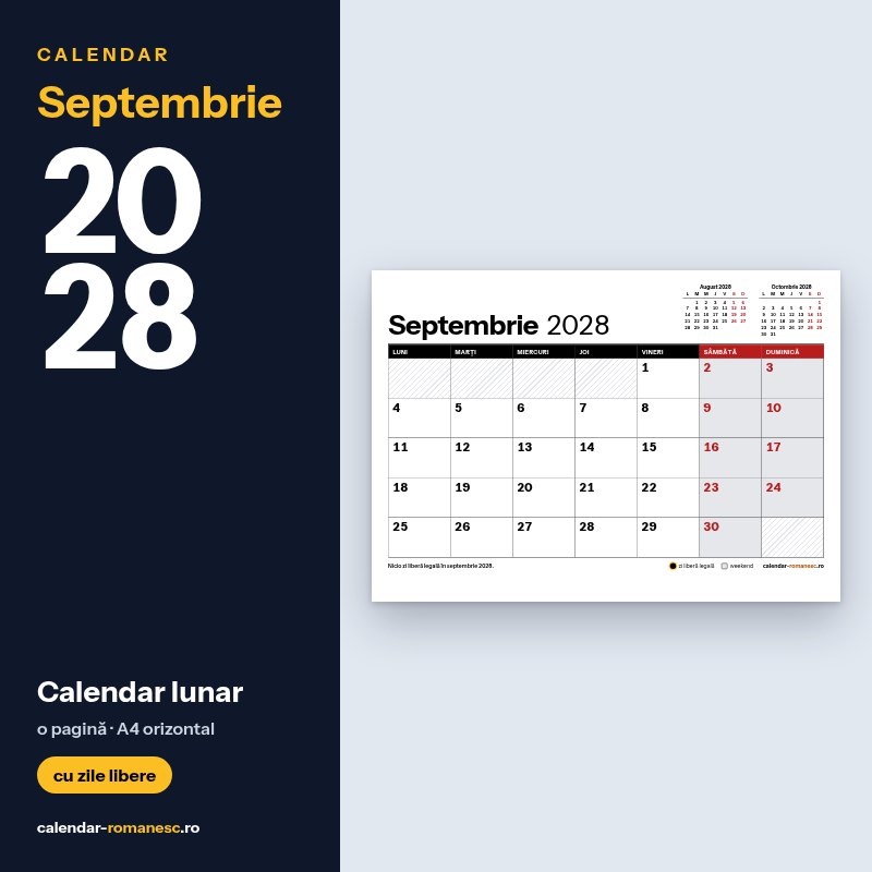 Calendar Septembrie 2028 de imprimat
