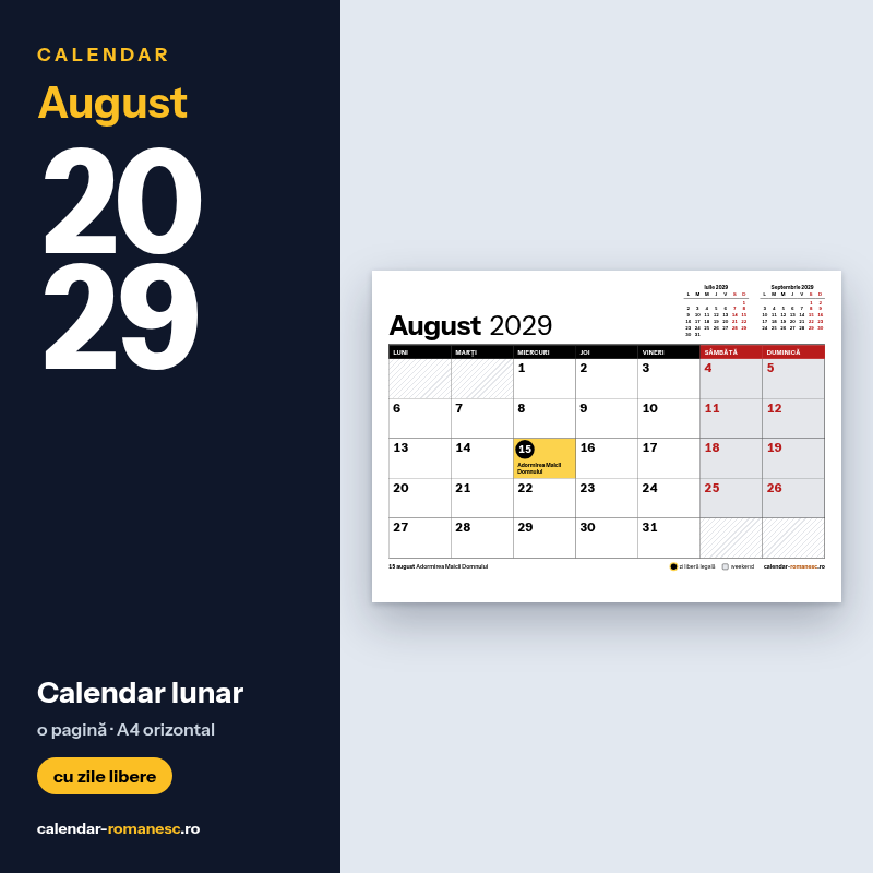 Calendar August 2029 de imprimat