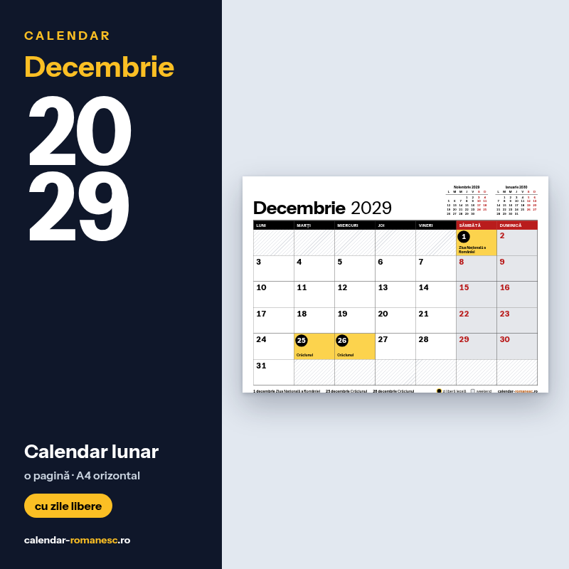 Calendar Decembrie 2029 de imprimat