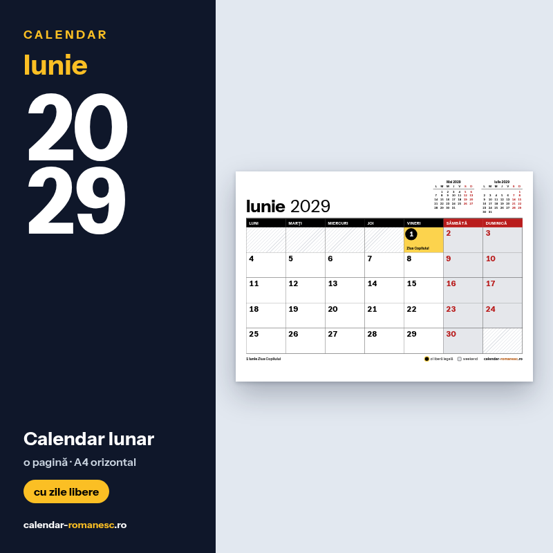 Calendar Iunie 2029 de imprimat
