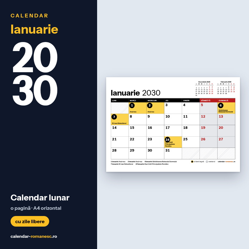 Calendar Ianuarie 2030 de imprimat