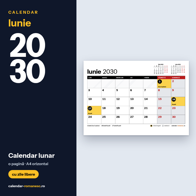 Calendar Iunie 2030 de imprimat