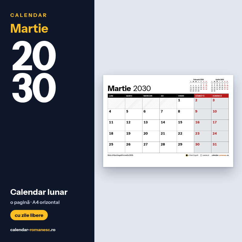 Calendar Martie 2030 de imprimat