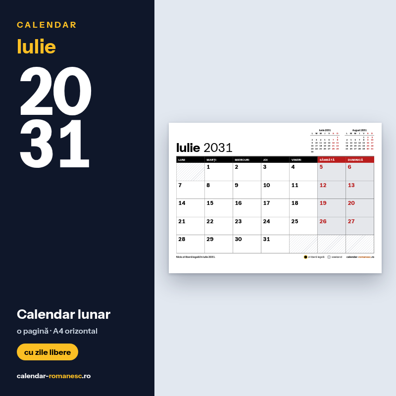 Calendar Iulie 2031 de imprimat