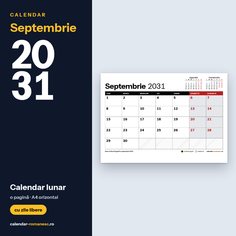 Calendar Septembrie 2031 de imprimat