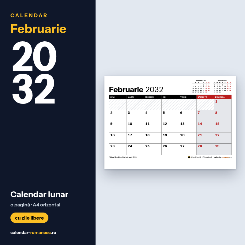 Calendar Februarie 2032 de imprimat