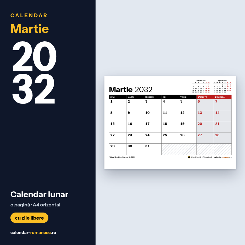 Calendar Martie 2032 de imprimat
