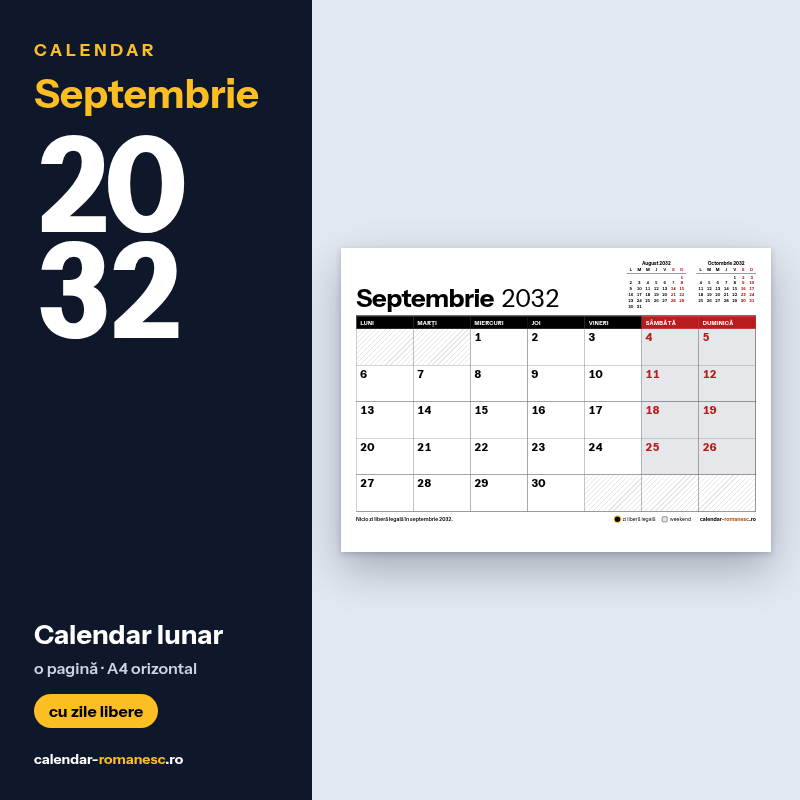 Calendar Septembrie 2032 de imprimat